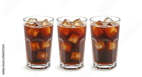 Three cold iced tea drinks in tall glasses on white background, refreshing summer drink concept photo