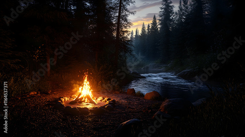 A quiet campfire glowing in a dense forest, the river flowing softly nearby and the light of the fire flickering against the dark silhouettes of trees photo