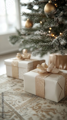 Decorative gift wrapped in floral paper under a Christmas tree with ornaments...