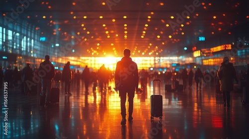 Sunset illuminates bustling airport terminal with travelers and vibrant flags