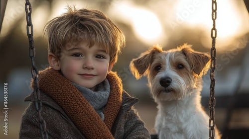 Child enjoys time on swing with golden retriever in autumn setting