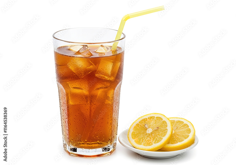 a glass of lemon-flavored cold iced tea with ice cubes and straw in it, with lemon slices on the side, isolated on a white background. a glass of lemon-flavored cold iced tea with ice cubes and straw in it, with lemon slices on the side, isolated on a white background.
