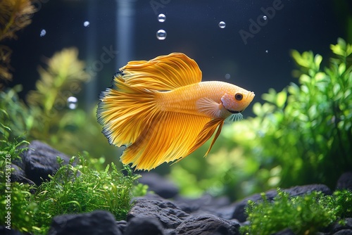 Colorful betta fish swimming gracefully in a planted aquarium with bubbles an...