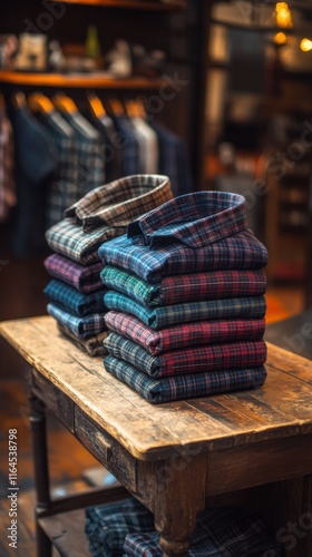 Stylishly folded plaid shirts displayed on a rustic wooden table in a trendy ...
