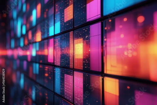 Vibrant abstract digital wall with colorful light patterns at night