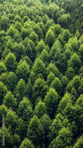Dense evergreen forest viewed from above during bright daylight in a serene l...