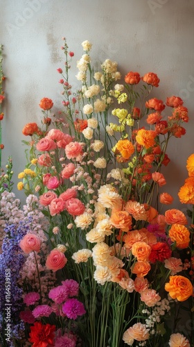 Colorful assortment of fresh flowers displayed in a cozy shop setting