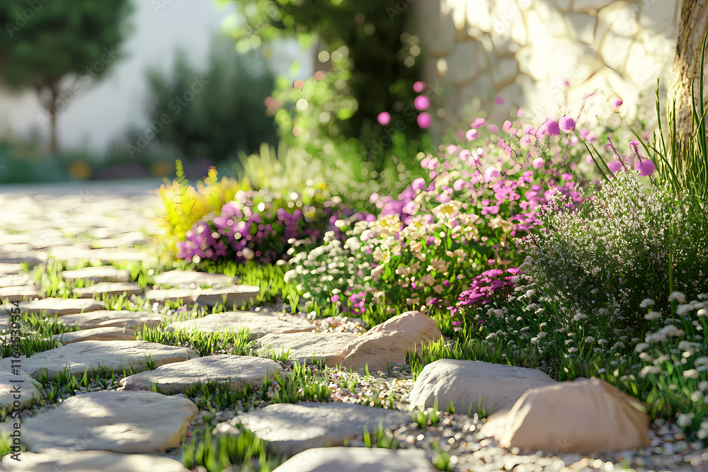 Fototapeta premium Vibrant garden pathway with blooming flowers and stones under soft sunlight in springtime. Generative AI