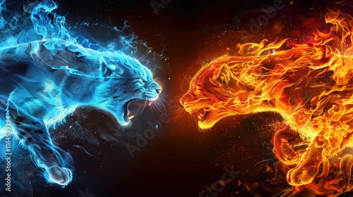 Ice vs fire in abstract art, a striking vs flowing design of cold water vs hot flame with a light vs dark contrast and a nature-inspired motion.