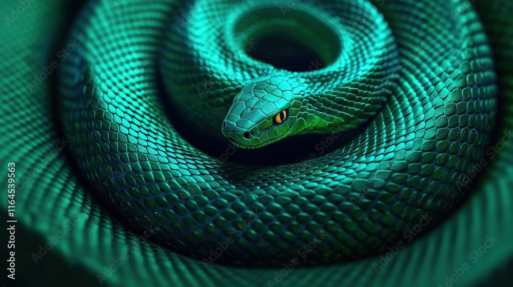 Obraz premium Close-Up View of a Green Snake Coiled in a Natural Habitat