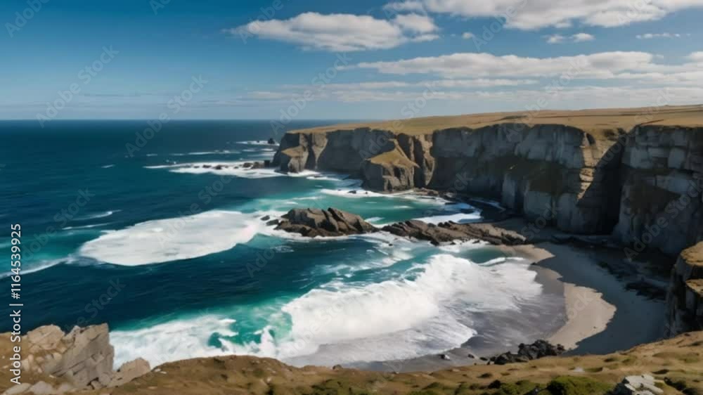 Stunning coastal cliffs overlooking a vibrant ocean with crashing waves and sandy cove Stunning coastal cliffs overlooking a vibrant ocean with crashing waves and sandy cove