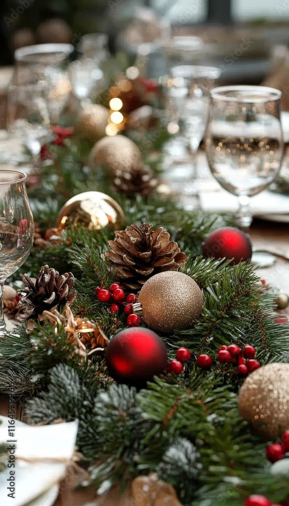 Elegant Christmas Table Setting with Festive Garland, Sparkling Ornaments, and Natural Pine Cones. Elegant Christmas Table Setting with Festive Garland, Sparkling Ornaments, and Natural Pine Cones.