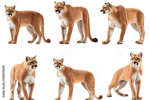 six stylized illustrations of a mountain lion. showcasing various poses and angles each depiction highlights the animal's muscular build and distinctive features. making it suitable for educational or photo