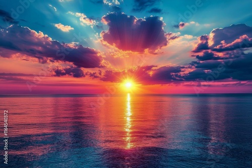 Vibrant sunset over calm ocean reflecting colorful clouds at twilight