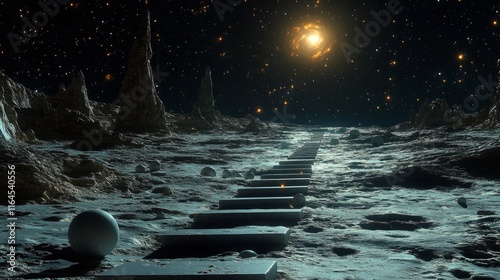 Surreal staircase leading to distant galaxy in a cosmic landscape at night