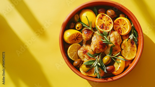 Chicken tagine with lemons, olives, and rosemary on yellow background