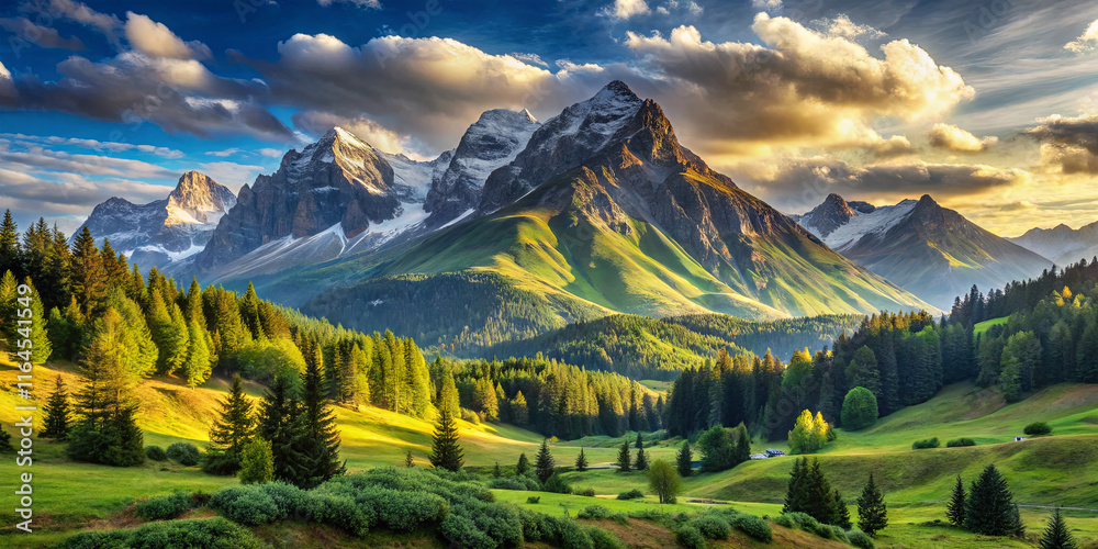 Obraz premium Tall mountains with snow-capped peaks tower over lush green hills and dense forests, illuminated by warm sunlight during a vibrant sunset