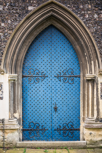 the blue painted door of a church