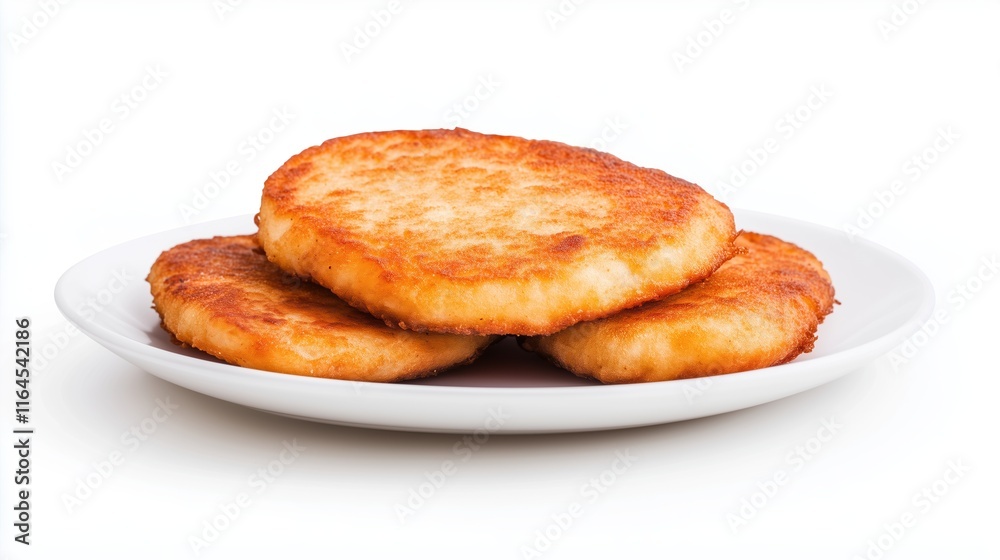 Crispy Golden Latkes Stacked on White Plate Under Studio Lights Crispy Golden Latkes Stacked on White Plate Under Studio Lights