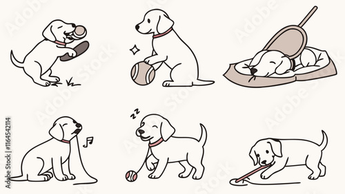 Cute Labrador Puppy Activities: A playful collection of six hand-drawn illustrations depicting a Labrador puppy engaged in various activities, including fetching, playing with toys, sleeping.