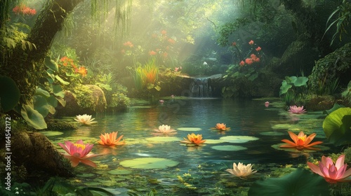 Serene jungle pond with water lilies, waterfall, and lush foliage bathed in sunlight.