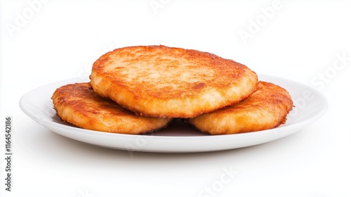 Crispy Golden Latkes Stacked on White Plate Under Studio Lights photo