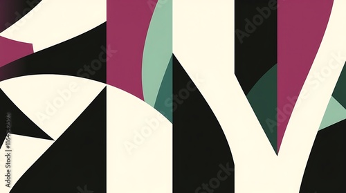 Abstract Geometric Composition: Bold, graphic design featuring intersecting shapes in shades of black, cream, deep purple, and teal. A visually striking image for modern design projects.
