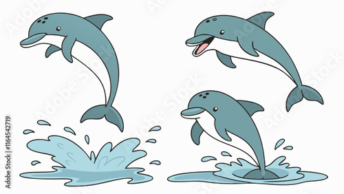 Playful Dolphin Poses:  Four adorable cartoon dolphins leap out of the water, showcasing different poses and expressions.  Perfect for children's books, educational materials, or fun.