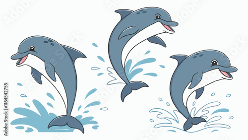 Playful Dolphin Trio: Three cartoon dolphins leap joyfully from the ocean, creating playful splashes. This cheerful illustration is perfect for adding a touch of whimsy to any design. 
