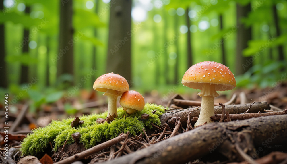 Mushrooms growing on moss in a lush green forest Mushrooms growing on moss in a lush green forest