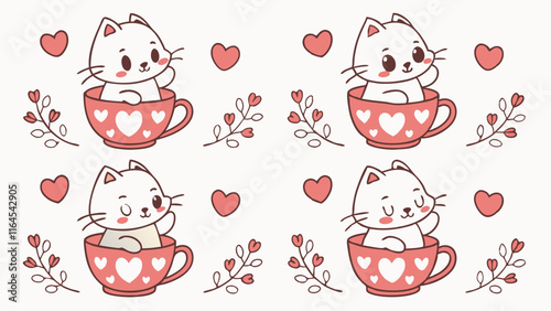 Adorable Kittens in Love Cups: A charming illustration featuring four variations of cute white kittens nestled inside heart-patterned teacups, surrounded by hearts and delicate floral elements.