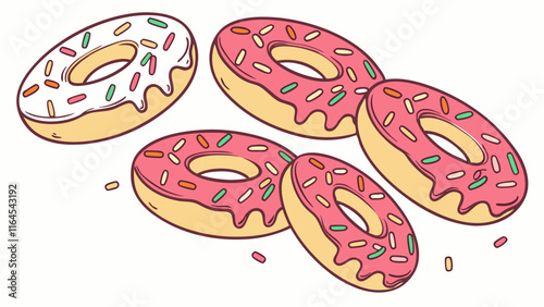 Donut Delight: A playful illustration of four donuts, each adorned with colorful sprinkles and a delectable glaze, floating in mid-air.