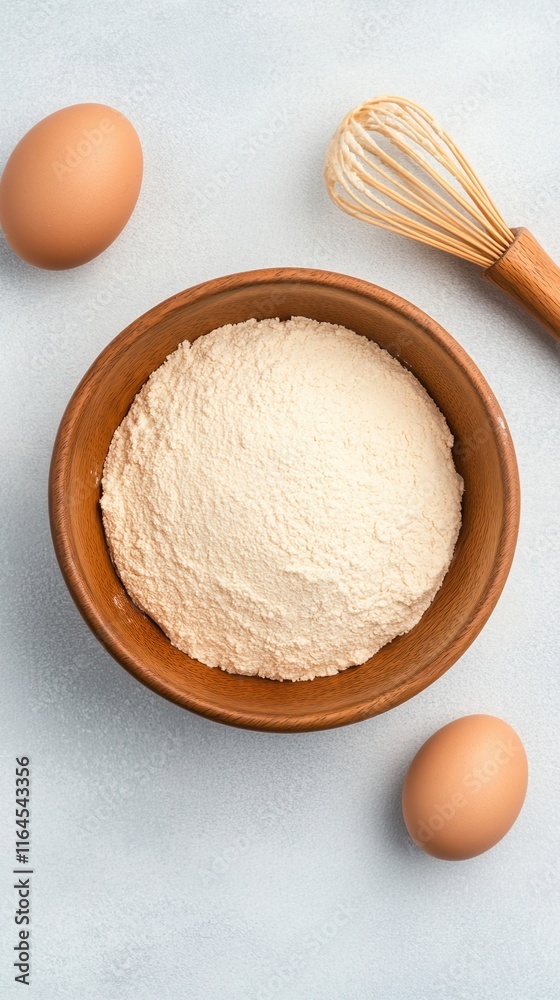 Baking Ingredients with Flour in Wooden Bowl, Eggs, and Whisk on Light Background for Kitchen and Cooking Concepts Baking Ingredients with Flour in Wooden Bowl, Eggs, and Whisk on Light Background for Kitchen and Cooking Concepts