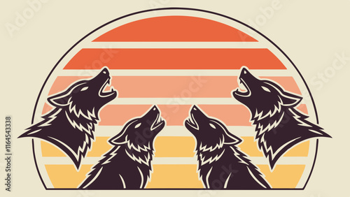 Wolf Pack Sunset: A vintage aesthetic evokes a sense of wilderness and camaraderie, with a pack of four wolves howling in unison against a sun-drenched sunset backdrop.  