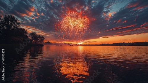 Colorful fireworks display over calm lake during sunset near a scenic shoreline