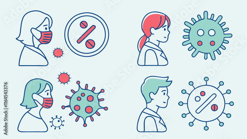 COVID-19 Protection and Prevention Icons: A set of simple, modern line icons depicting people wearing masks to protect themselves from the virus.