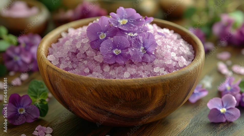 Natural purple bath salts with flowers in a wooden bowl on a rustic table Natural purple bath salts with flowers in a wooden bowl on a rustic table