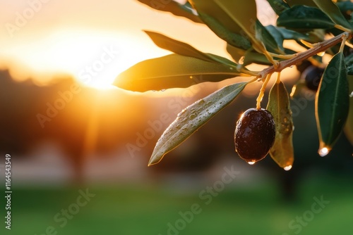 A captivating image of an olive branch backlit by a magnificent sunset, showcasing glimmering droplets as they catch the light, creating a magical ambiance. photo