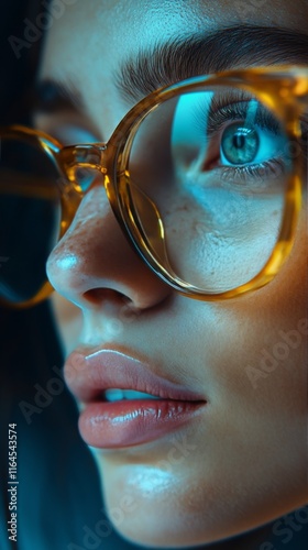Close-up portrait of a young woman with freckles and glasses showcasing strik...