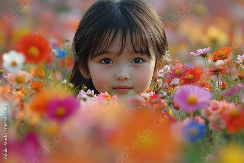 Girl in a white dress stands in a vibrant flower field under a blue hat