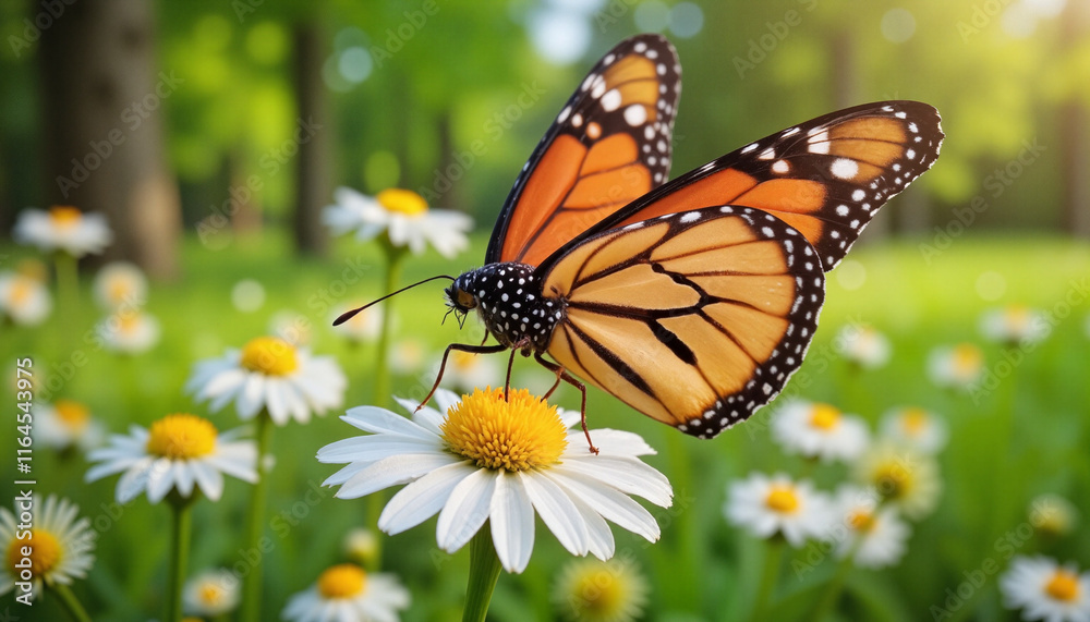 Naklejka premium Butterfly resting on a daisy flower in a lush green meadow