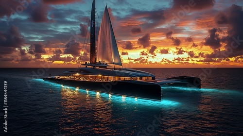 Luxurious black catamaran sailing at sunset.