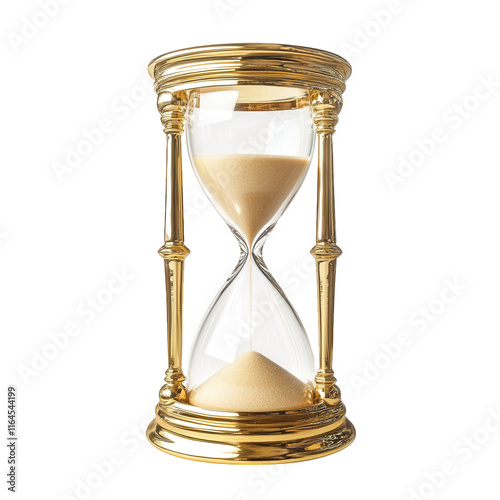 classic hourglass with a gold frame and two glass chambers. filled with fine sand it symbolizes the passage of time and is often used as a decorative piece or a timer in various activities