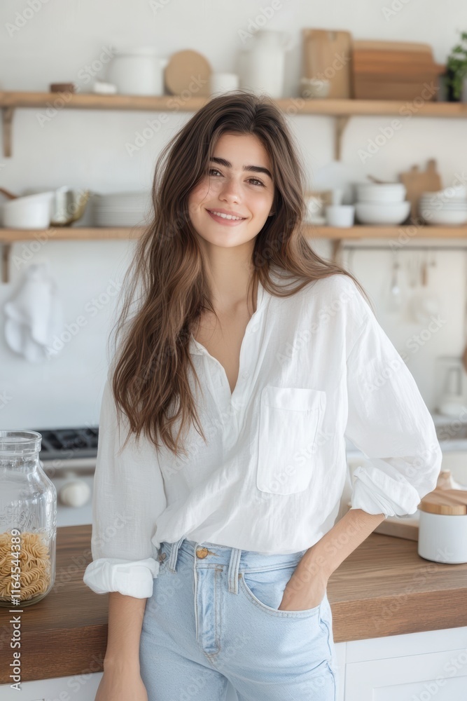 A woman is smiling and standing in front of a kitchen counter A woman is smiling and standing in front of a kitchen counter