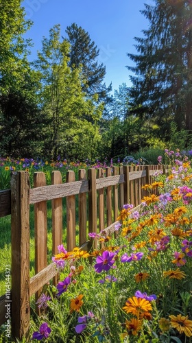 Beautiful garden path leading through vibrant flowers and greenery on a sunny...