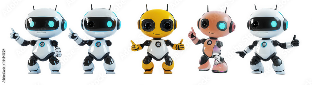 group of five colorful. cartoonish robots. each with a unique design and expression. showcasing a playful and friendly demeanor they are posed in a cheerful manner. suggesting themes of technology. in group of five colorful. cartoonish robots. each with a unique design and expression. showcasing a playful and friendly demeanor they are posed in a cheerful manner. suggesting themes of technology. in