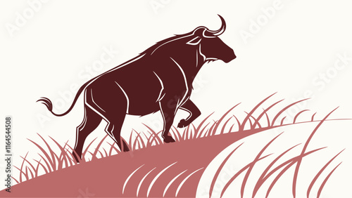 Powerful Bull Silhouette: A majestic bull silhouette stands tall against a backdrop of swaying grass, symbolizing strength, resilience, and the untamed spirit of nature.