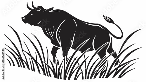 Strong and Determined: A powerful bull, a symbol of strength and determination, stands tall in a field of tall grass, ready to face any challenge.