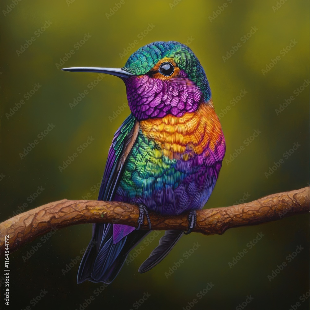 Obraz premium Colorful Hummingbird Perched on Branch Against Blurred Green Background