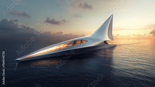 Futuristic silver yacht sailing at sunset.
